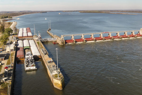 An overhead-view of lock and dam 25 on the Mississippi River.