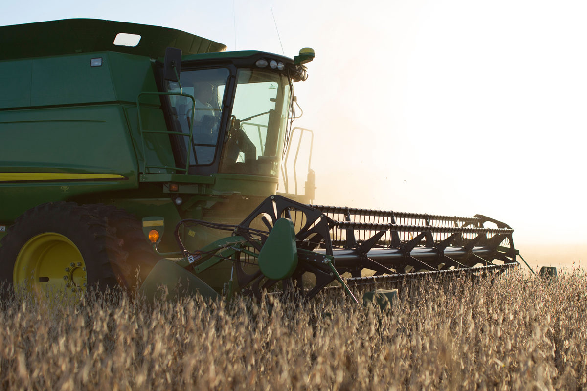 A John Deere soy combine harvests a field.
