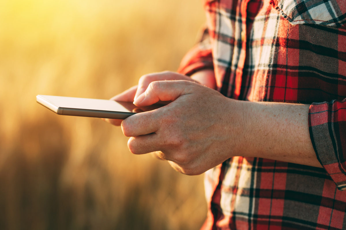 A farmer stands holding a smartphone in a field.