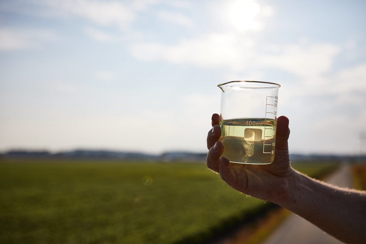 A farmer holds a beaker of soy oil in front of a soybean field.
