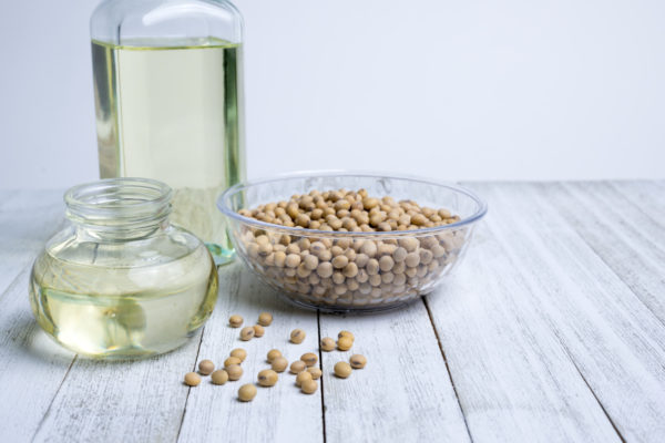 A bowl of soybeans and two soybean oil jars sit on a gray wooden counter.
