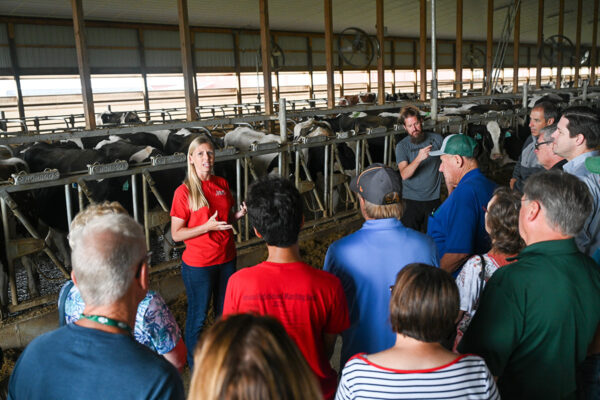 People taking a tour of a dairy barn on the Oakfield Corners Dairy tour in New York State.
